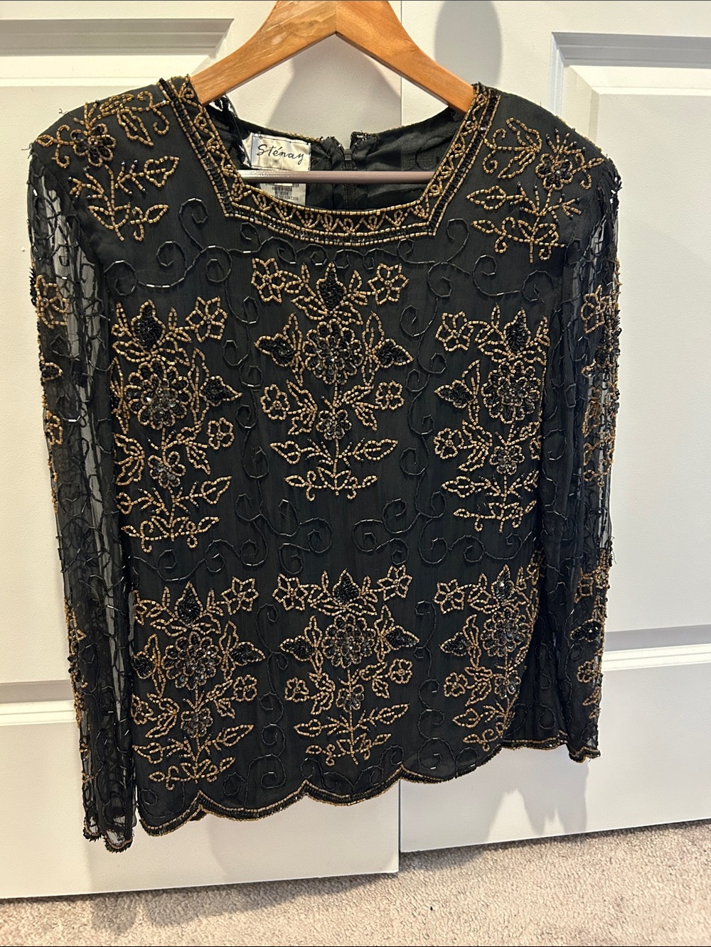 Stenay Black Sheer Top with Gold Floral Beading
